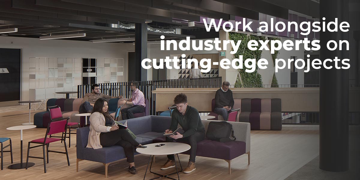 internal shot of national manufacturing institute scotland project showing people sitting on sofas having discussions and meetings